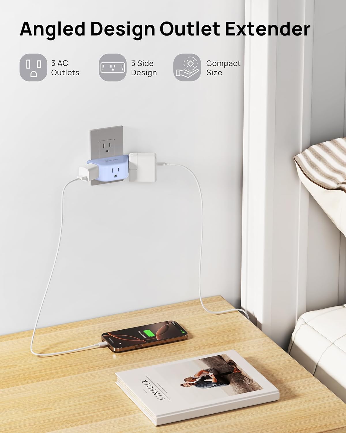 TROND Outlet Extender, 3 Way Angled Wall Plug Splitter, 3-Prong Grounded Outlet Adapter, Cruise Essentials, Compact and Practical Plug Expander for Home Decoration Travel Essentials, Blue