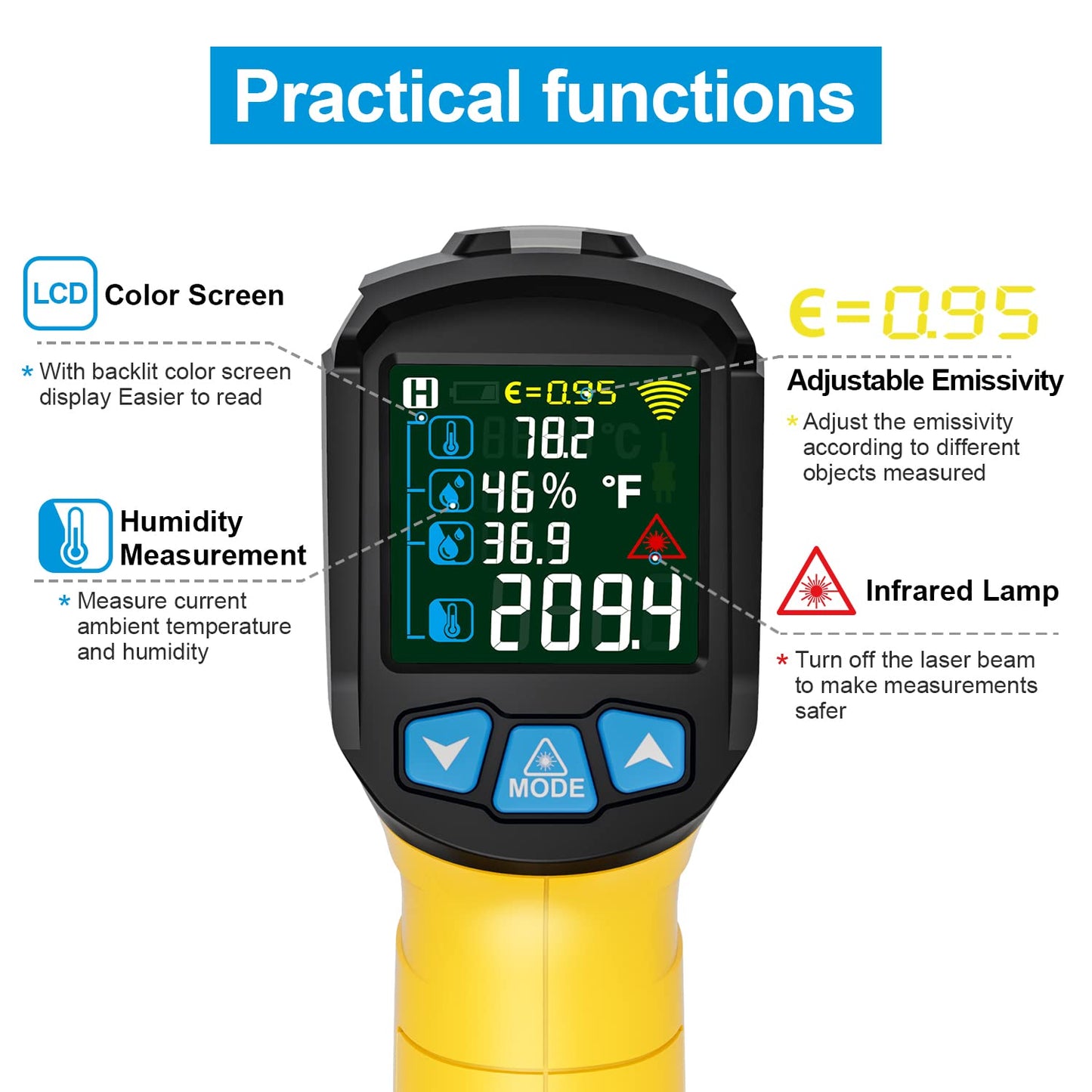 MESTEK Infrared Thermometer Temperature Gun, Non-Contact Digital Laser Thermometer with Probe for Cooking, Home and Industry Repair, Humidity Measurement, Adjustable Emissivity -58°F to 1472°F