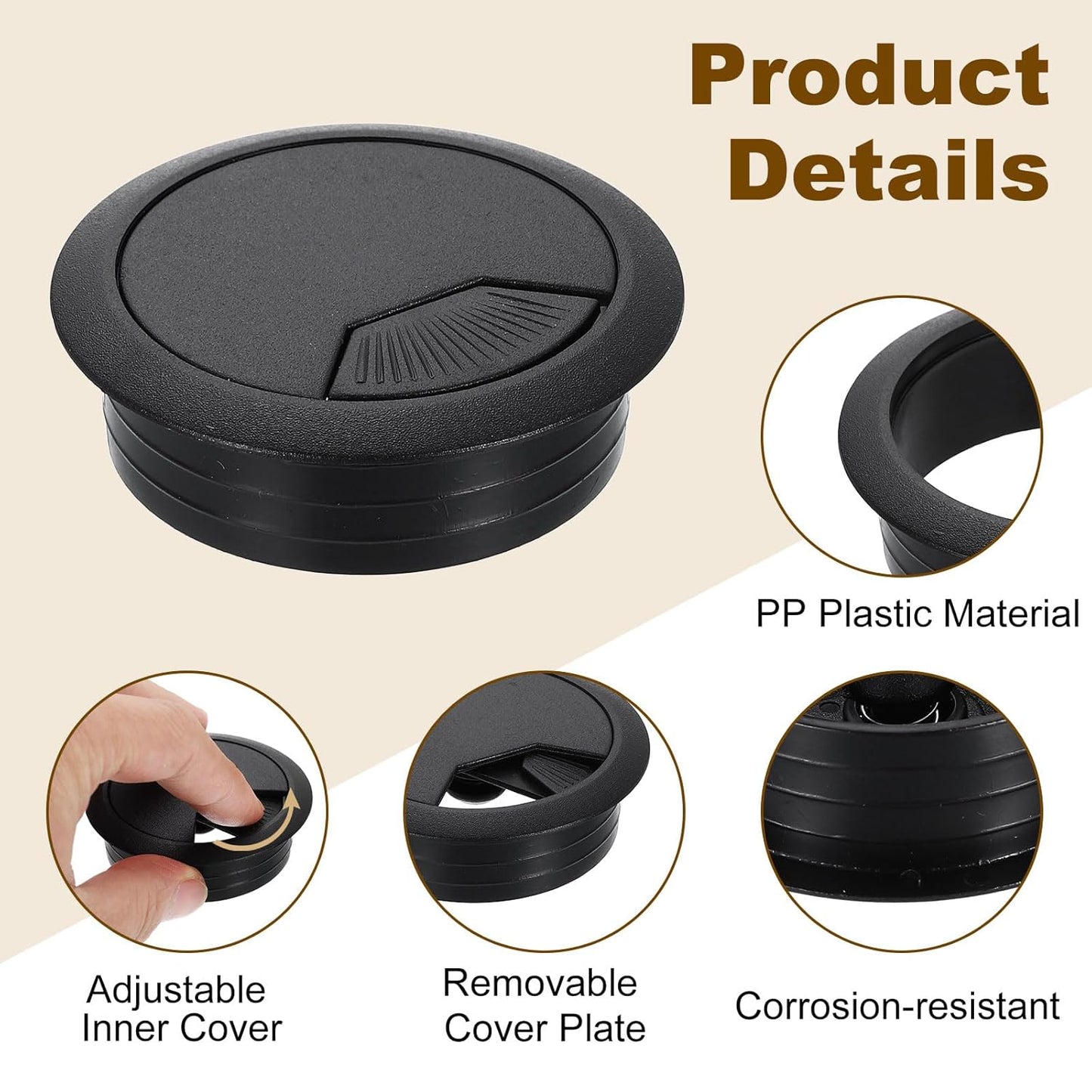 uxcell 5 Pcs 50mm (1.97 Inch) Desk Grommet, Plastic Cable Hole Cover, Wire Cord Cable Organizer for Home Office Computer Desk Cabinet, Black