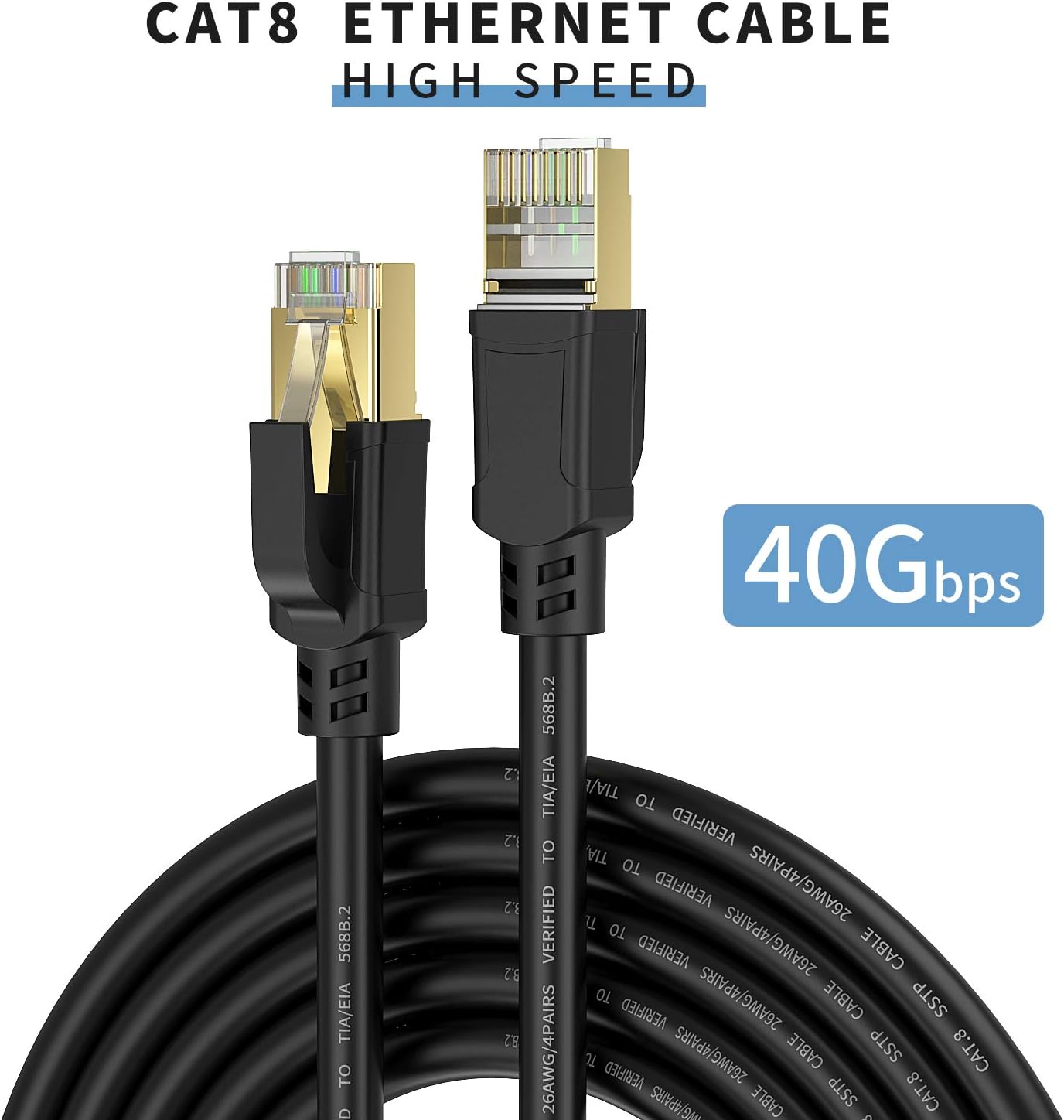 YixHG CAT 8 Ethernet Cable 100 ft, Internet Network Cord, 40Gbps 2000Mhz LAN Wires, High Speed SSTP LAN Cables with Gold Plated RJ45 Connector for Router, Modem, Gaming, Xbox (100 ft)