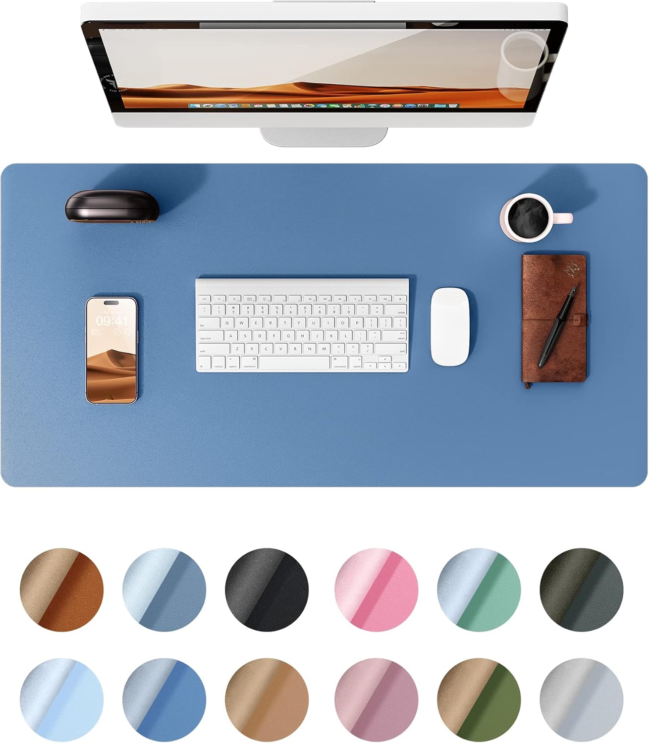 YSAGi Leather Desk Protector, Office Mat, Large Mouse Mat, Non-Slip PU Leather Blotter, Laptop Desk Pad, Waterproof Writing Pad for Office and Home (Sea Blue, 23.6" x 13.8")