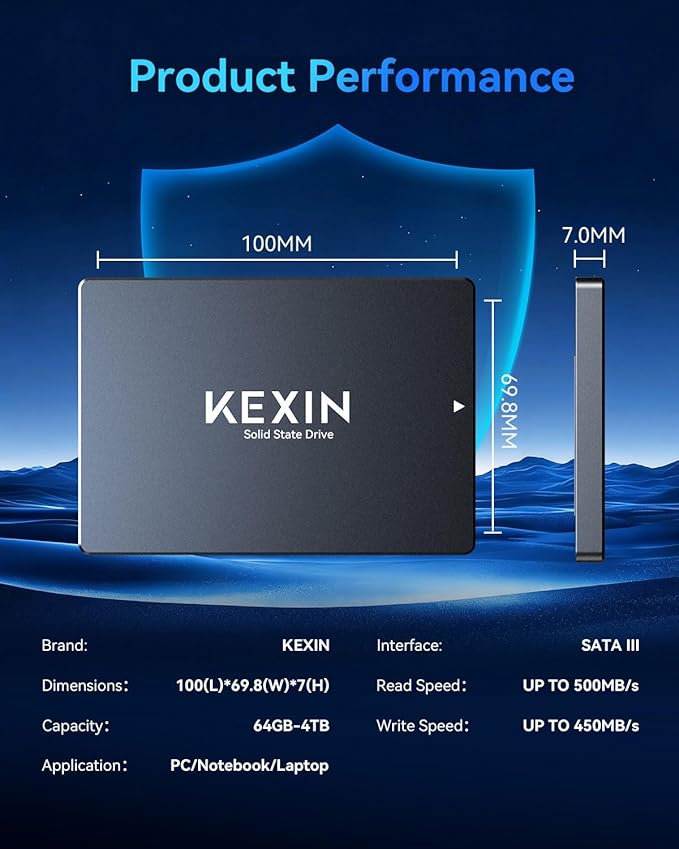 KEXIN SSD 1TB Internal SSD 2.5" SATA III Internal Solid State Drive 1T up to 500MB/s SATA 3.0 Internal Drive 3D NAND Flash Internal SSD for Laptop PC Storage and Upgrade