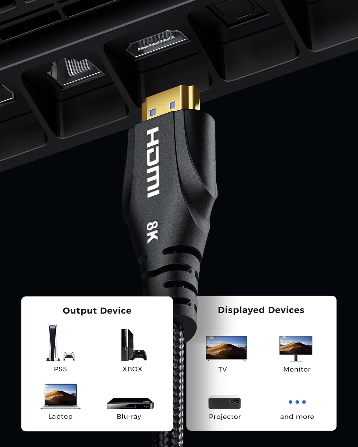 HDMI Cable 25FT Long - 4K 120hz,8K 60hz,48Gbps High-Speed HDMI Braided Cord,HDCP 2.3,eARC - Compatible with HDTV,Projector,Monitor and More