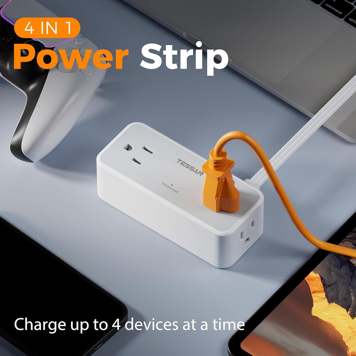 Surge Protector Power Strip, TESSAN Flat Plug Extension Cord 10 FT with 4 Wide Spaced AC Outlets, 900J Protection, Wall Mountable Charging Station for Home Office School Dorm Room Essentials