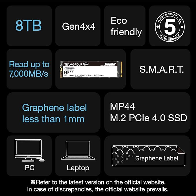 TEAMGROUP MP44 2TB SLC Cache Gen 4x4 M.2 2280 PCIe 4.0 w/NVMe Laptop, Desktop, NUC, NAS SSD Read/Write Speed up to 7000 / 6000MB/s TM8FPW002T0C101