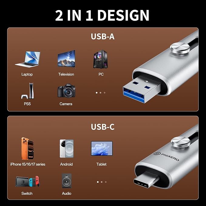PHIXERO USB Drive 256GB External SSD Up to 1100MB/s，USB 3.2 Gen2 Flash Drive Dual Ports Portable Thumb SSD Stick with USB A & Type C for iPhone, Android, Windows PCs, and laptops