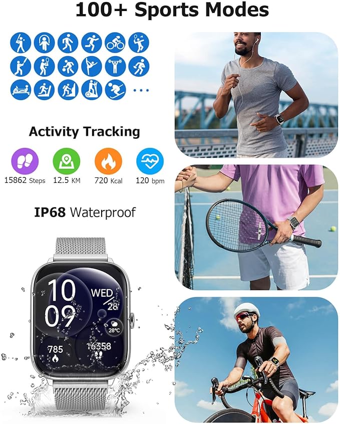 2.06" AMOLED Smart Watch with Blood Pressure, 118 Sports Modes, Fitness Activity Tracker for Men Women, Heart Rate Sleep SpO2 and Stress Monitor, IP68 Waterproof, Ideal Gift, Android iPhone Compatible