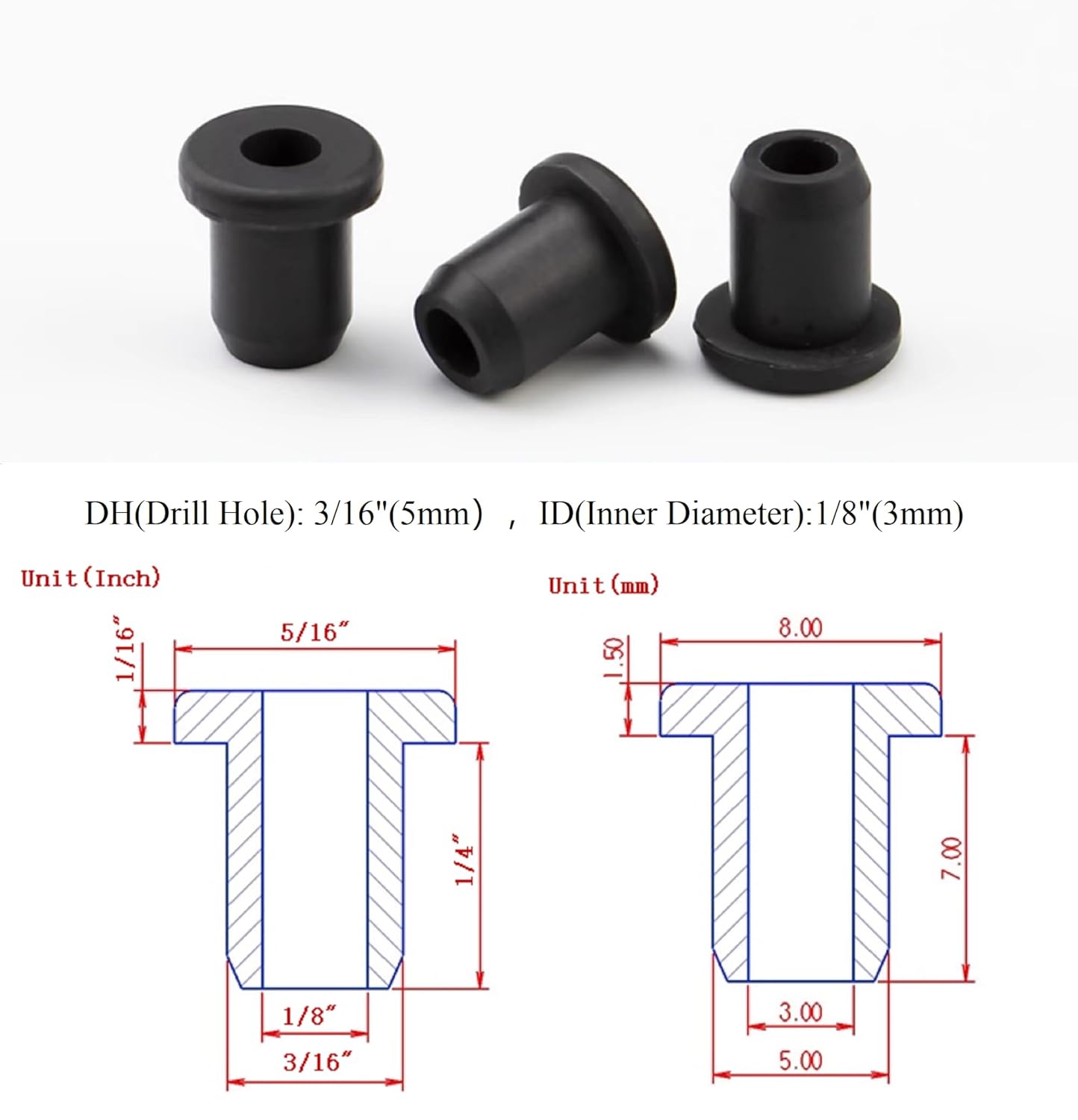 40 pcs 3/16" Drill Hole，1/8" ID Black Silicone Top hat Rubber Grommets for Wiring，Automotive，Firewall，Hole Plug，Desk，Screw，Water and Gas Pipe，Drain，House Siding，Cable Bushing，Glass，Wire Plug