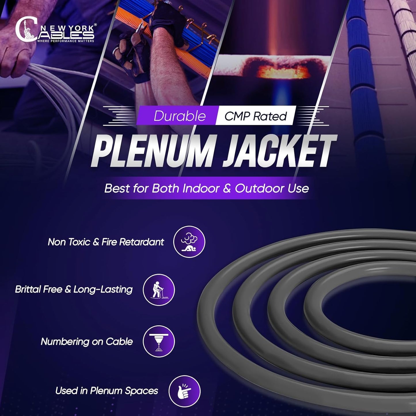 NewYork Cables Cat6a Plenum Cable 1000ft - Certified 100% Solid Pure Copper CAT6 A Ethernet Cable – 23 AWG, 750 MHz, PoE++ - Unshielded Twisted Pair - Cat 6a 10 GB High Speed for Networking & Gaming