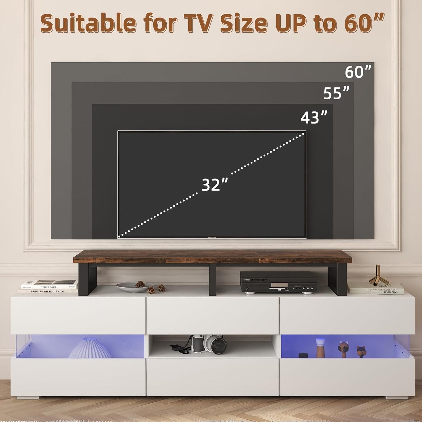 YAOHUOO 45" Large TV Riser for 32-60 inch TV, TV Riser Stand Shelf with Steel Legs,Tabletop TV Stand Riser for Home Office,Rustic Brown