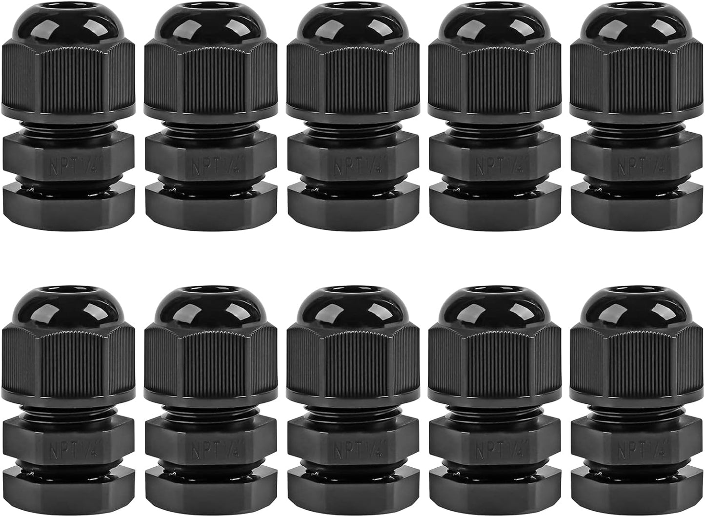 XHF 10 Pcs 1/4" IP68 Strain Relief Nylon Cord Grip NPT Cable Glands Adjustable UL Listed and RoHS Compliant (Black)
