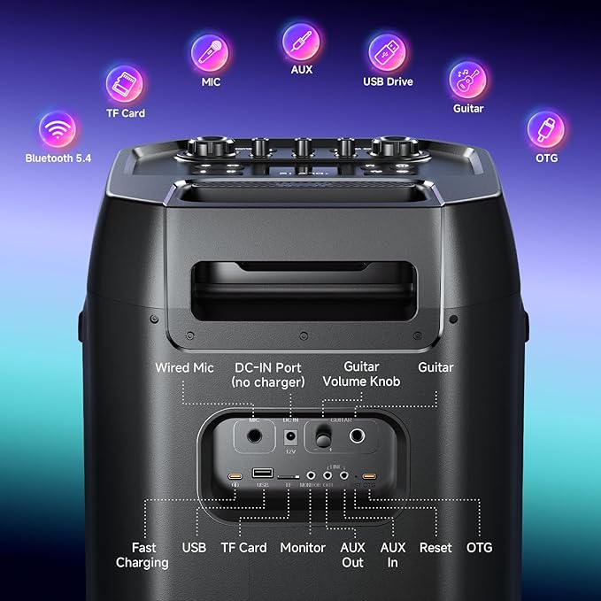 W-KING Portable Speaker Bluetooth Partybox, 370W MAX Pro Sound Loud, Deepest Bass,Large Outdoor Boom Box Wireless, CSB, Telescopic Handle&Sturdy Wheels, 25H, Futuristic Light,MIC&Guitar in