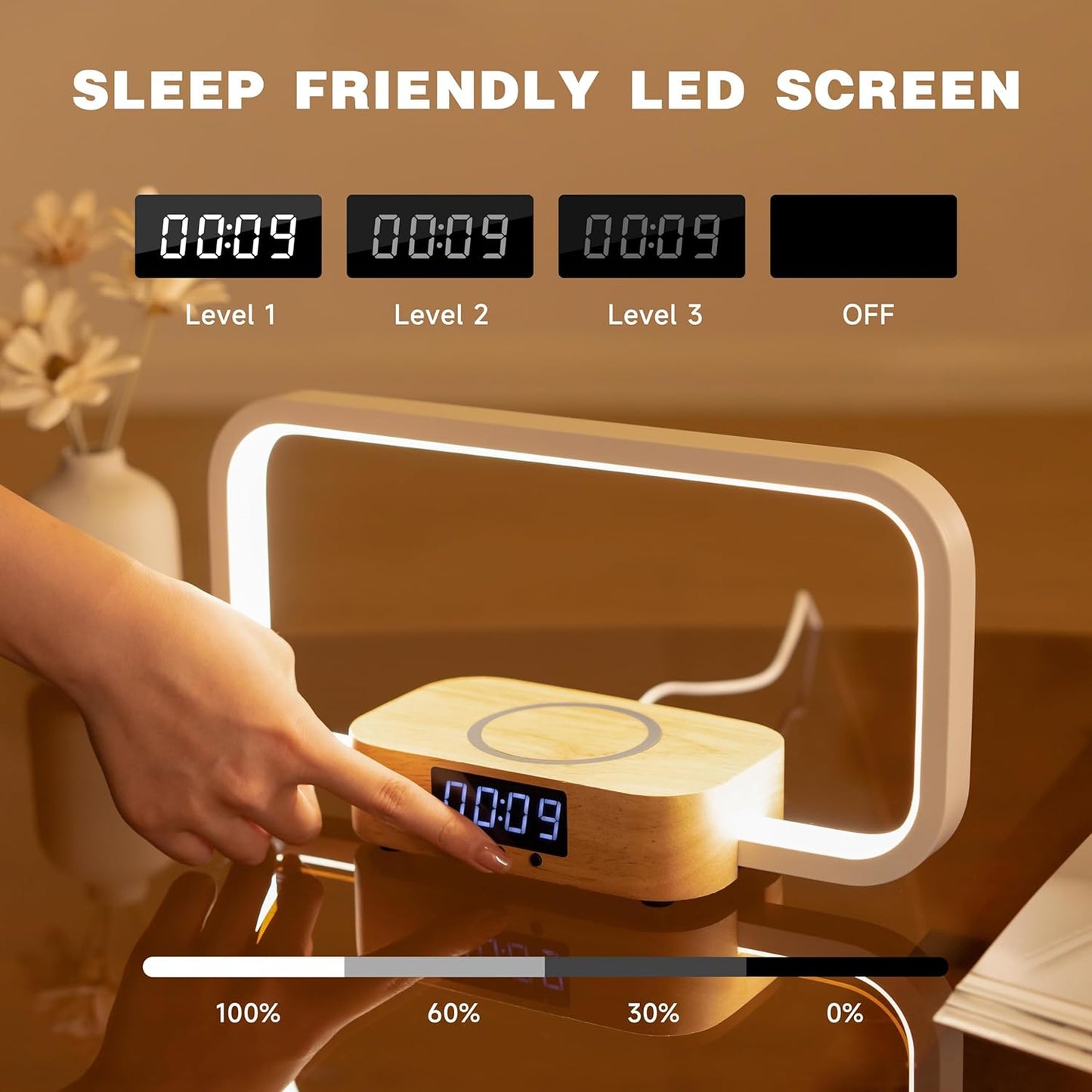 Bedside Lamp with Wireless Charger & USB Port – Touch Control Nightstand Table Lamps, RGB Color Changing, Stepless dimming, 7 Color, Modern LED Desk Lamp with Clock for Bedroom, Gifts for Women, Men