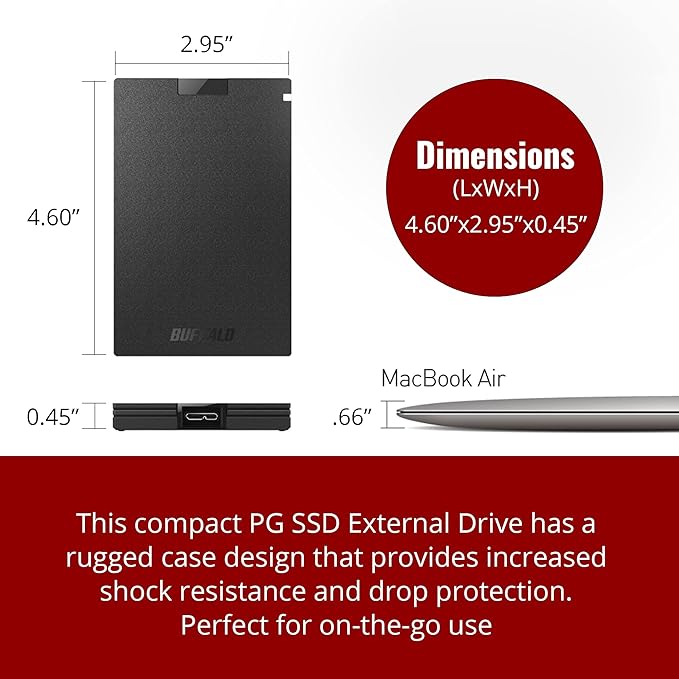 BUFFALO External SSD 500GB - Compatible with PS4 / PS5 / Windows/Mac - USB-C - USB-A - USB 3.2 - External Solid State Drive - ‎SSD-PG500U3B