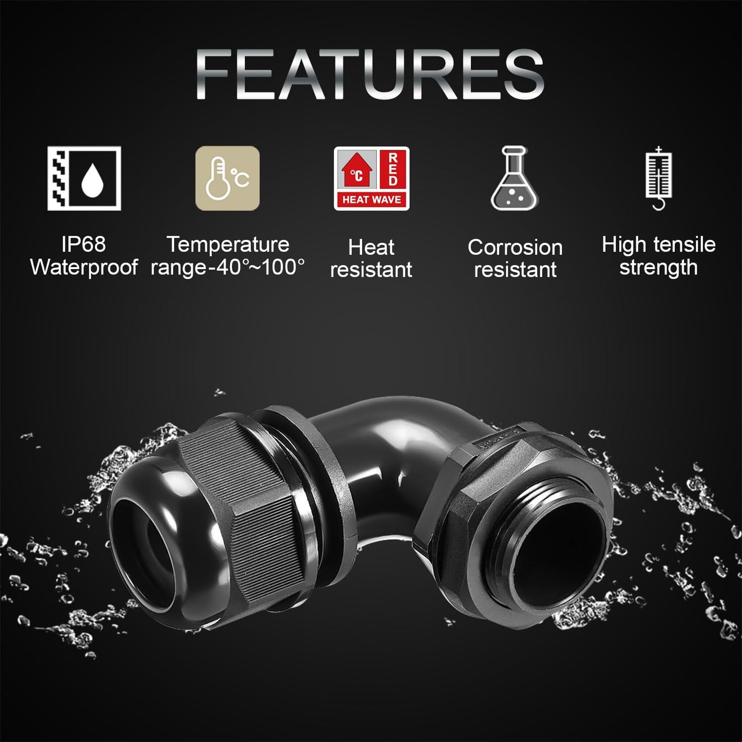 LeMotech M25 Cable Gland, 90 Degree Adjustable 13-18mm Strain Relief, Cord Connectors Nylon Joints with Gaskets, 2 Pcs, Black
