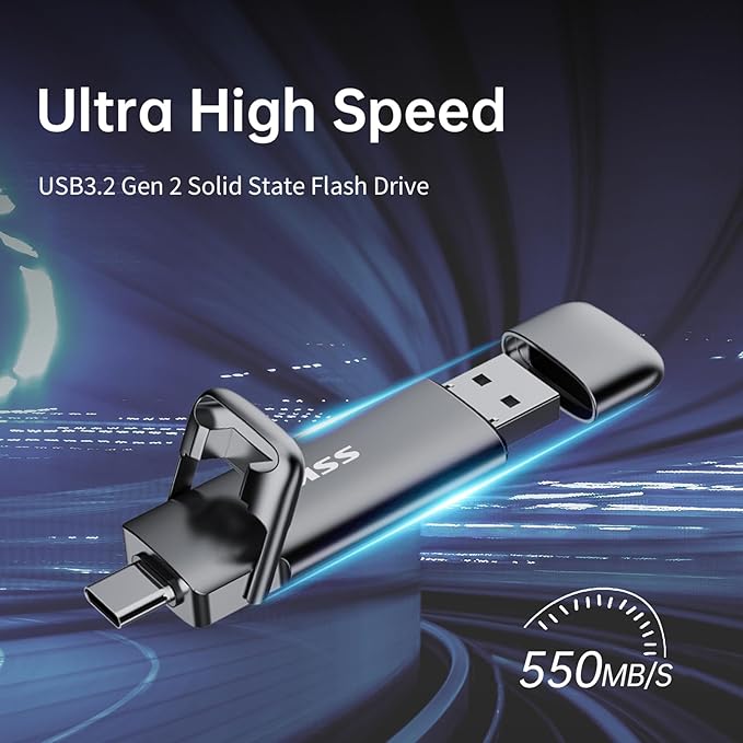 SSK 512GB Dual USB C Flash Drive, 2-in-1 Type C+USB A 3.2 Gen2 External Solid State Thumb Drive,Speed Up to 550MB/s Memory Stick Data Storage for iPhone 15/16/17/Android Phone/Tablet/MacBook/Windows