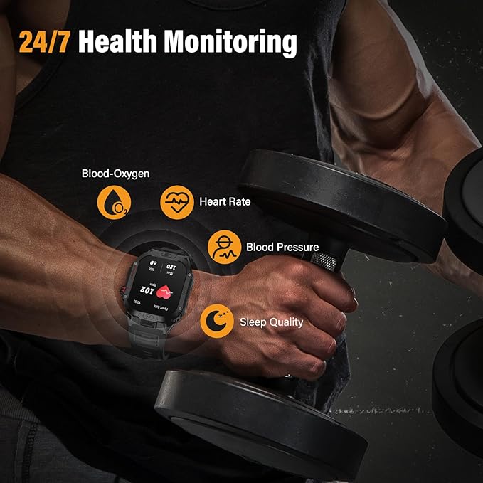 Military Smart Watch for Men, 2.02" Outdoor Sport Smartwatch with Flashlight, Heart Rate Blood Oxygen Blood Pressure Sleep, 100+ Sport Modes Fitness Tracker Compatible Android and iOS Black