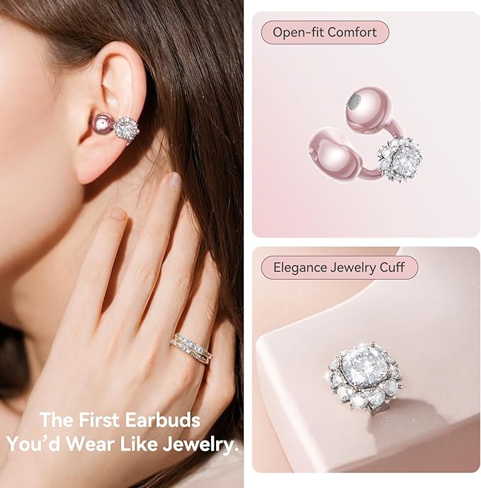 Kinglucky Jewelry-Inspired Clip-On Earbuds with Diamond Earrings, Comfortable Fit & 40H Playtime Open Ear Bluetooth 5.4 Wireless Headphones for Women, Small Ears, Sports & Glasses Rose Gold