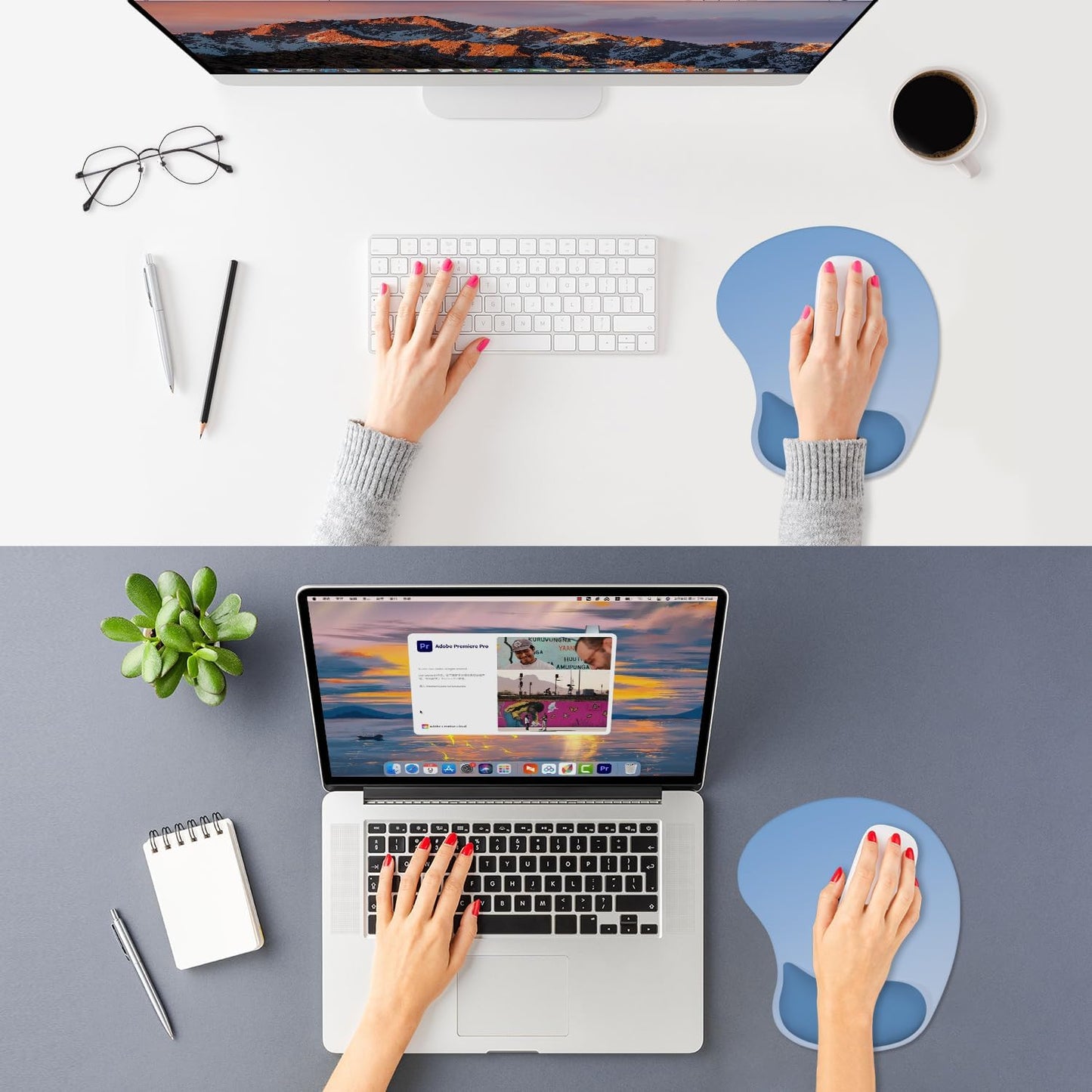 ITNRSIIET Ergonomic Mouse Pad, Cushioned Gel Wrist Rest, Non-Slip Base, Smooth Surface, Compatible with All Mice for Office & Gaming, Desk Accessory, 9.5 x 8.2 inch, Gradient Blue Ombre