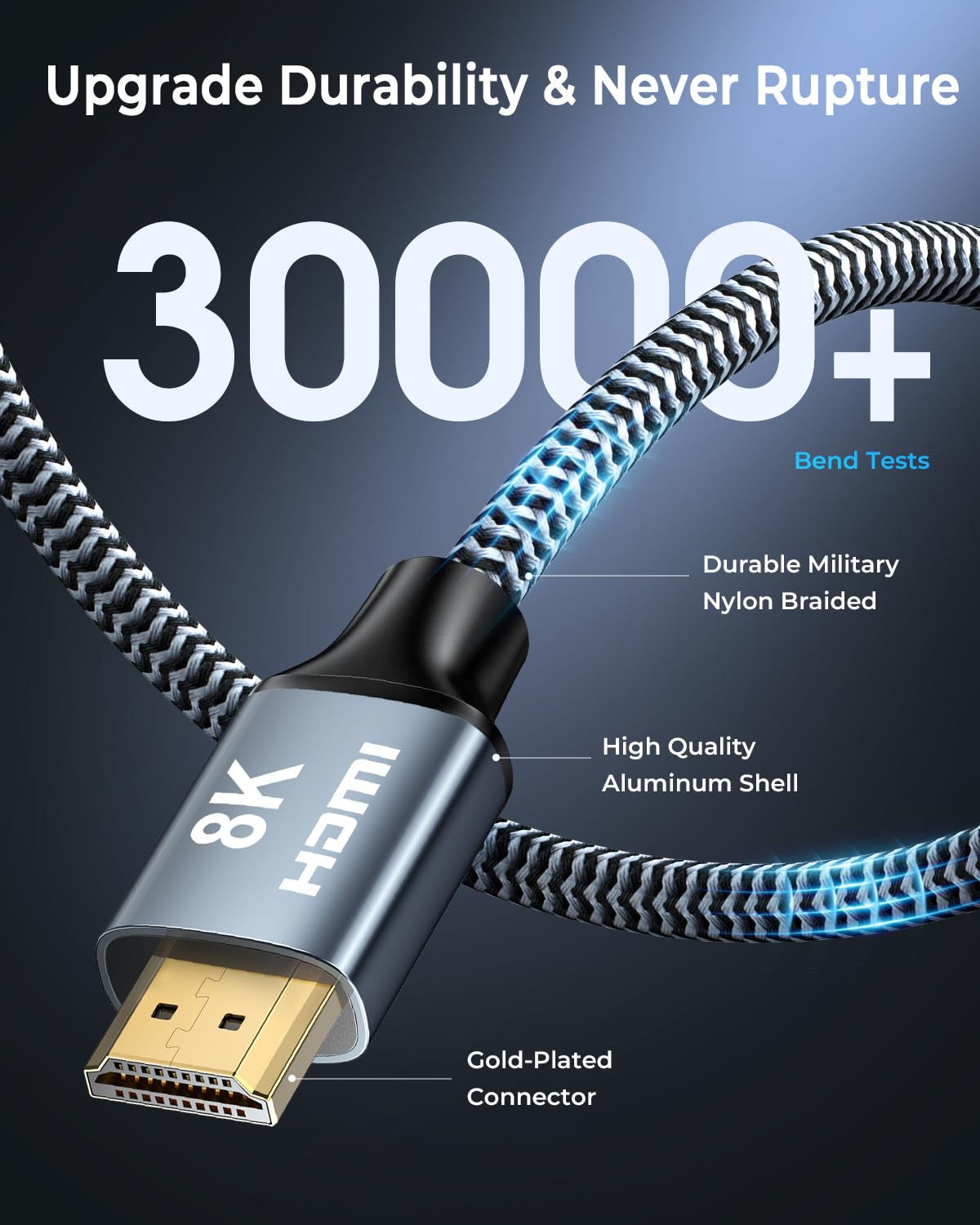 8K HDMI Cable 30 ft, 48Gbps High Speed HDMI 2.1 Cable, Braided HDMI Cable 2.1 8K 60Hz 4K 120Hz Support for HDR eARC HDCP 2.2/2.3, HDMI Cord Compatible with HDTV, Laptop, Monitor, PC