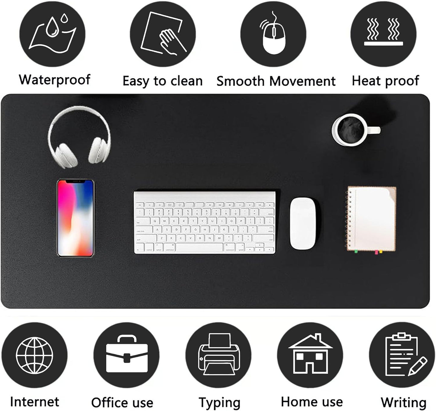 PU Leather Desk Pad Protector Gaming Mouse Pad Non Slip Desk Mat for Keyboard and Mouse Waterproof Desk Writing Pad for Office and Home Desk Accessories(Black, 31.5 * 15.7)