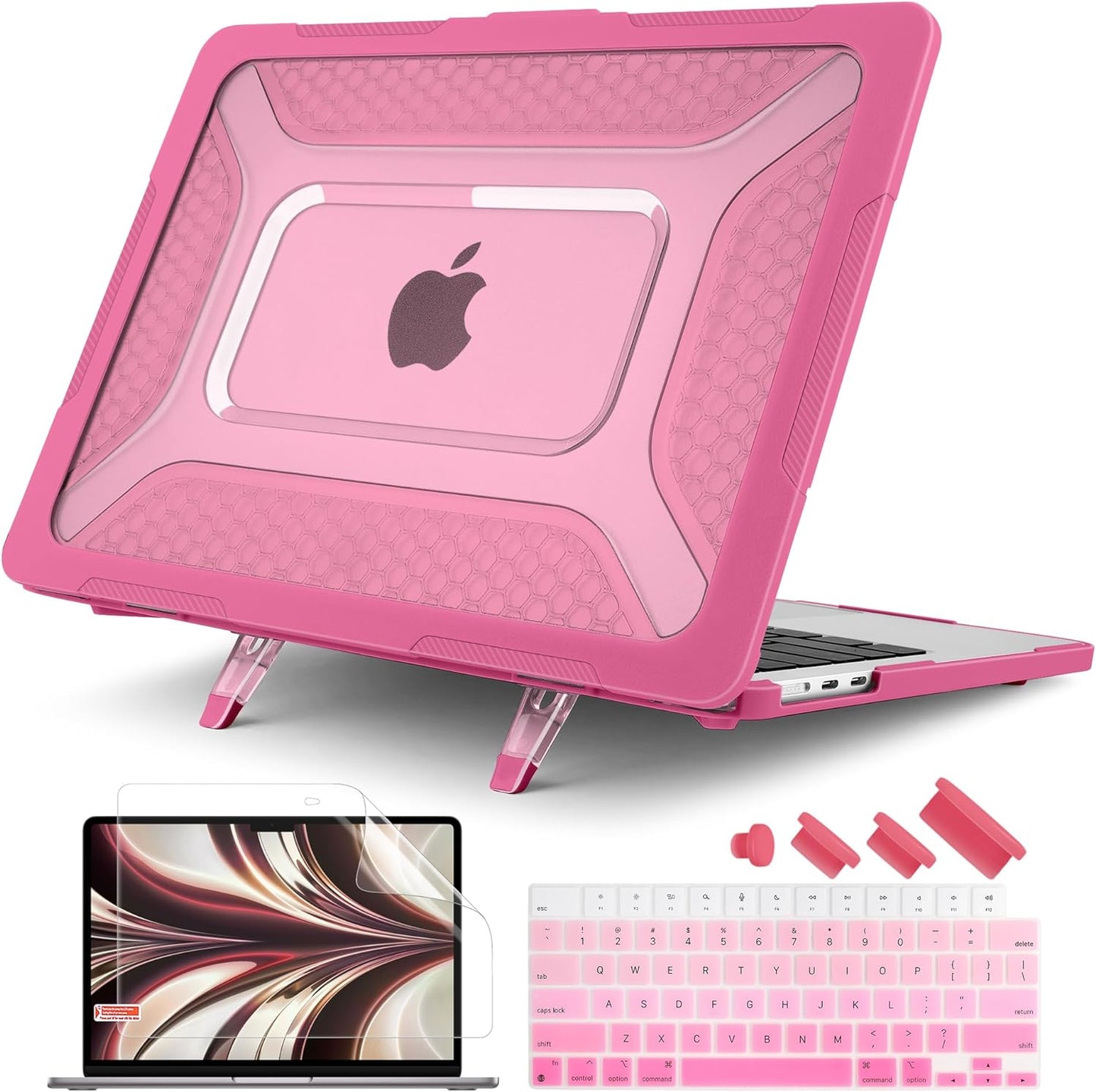 Batianda Case for New MacBook Air 13 inch 2025 M4 Chip 2024 2022 Release A3240 A3113 A2681 Model,Honeycomb Heavy Duty Protective Hard Shell with TPU Bumper Fold Kickstand & Keyboard Cover, Rose