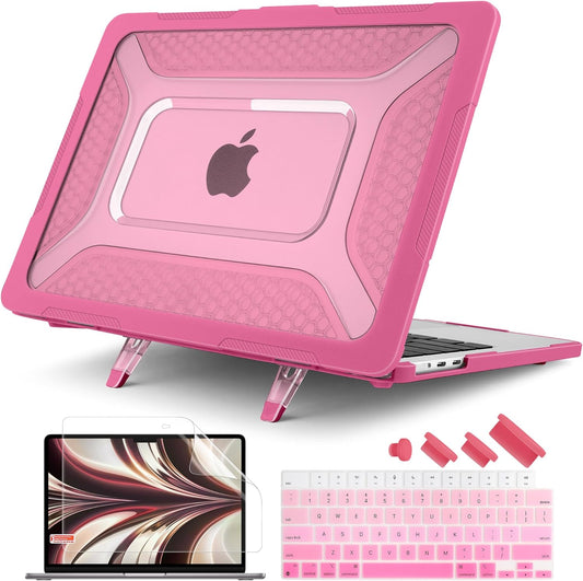 Batianda Case for New MacBook Air 13 inch 2025 M4 Chip 2024 2022 Release A3240 A3113 A2681 Model,Honeycomb Heavy Duty Protective Hard Shell with TPU Bumper Fold Kickstand & Keyboard Cover, Rose