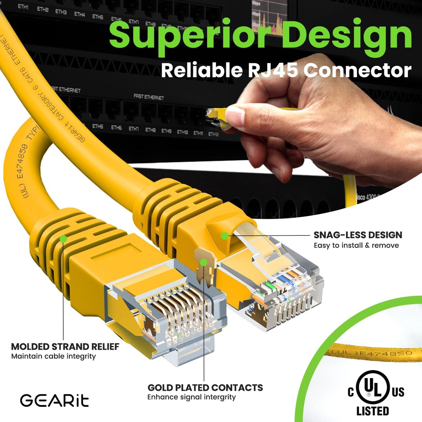 GearIT Cat 6 Ethernet Cable (10-Pack 15 Feet) Cat6 Network Patch, 10Gbps, RJ45, Snagless Cord, Gold-Plated Connectors, Internet for PC, TV, Tablet, Router, Printer, Servers, IT Data Center - Yellow