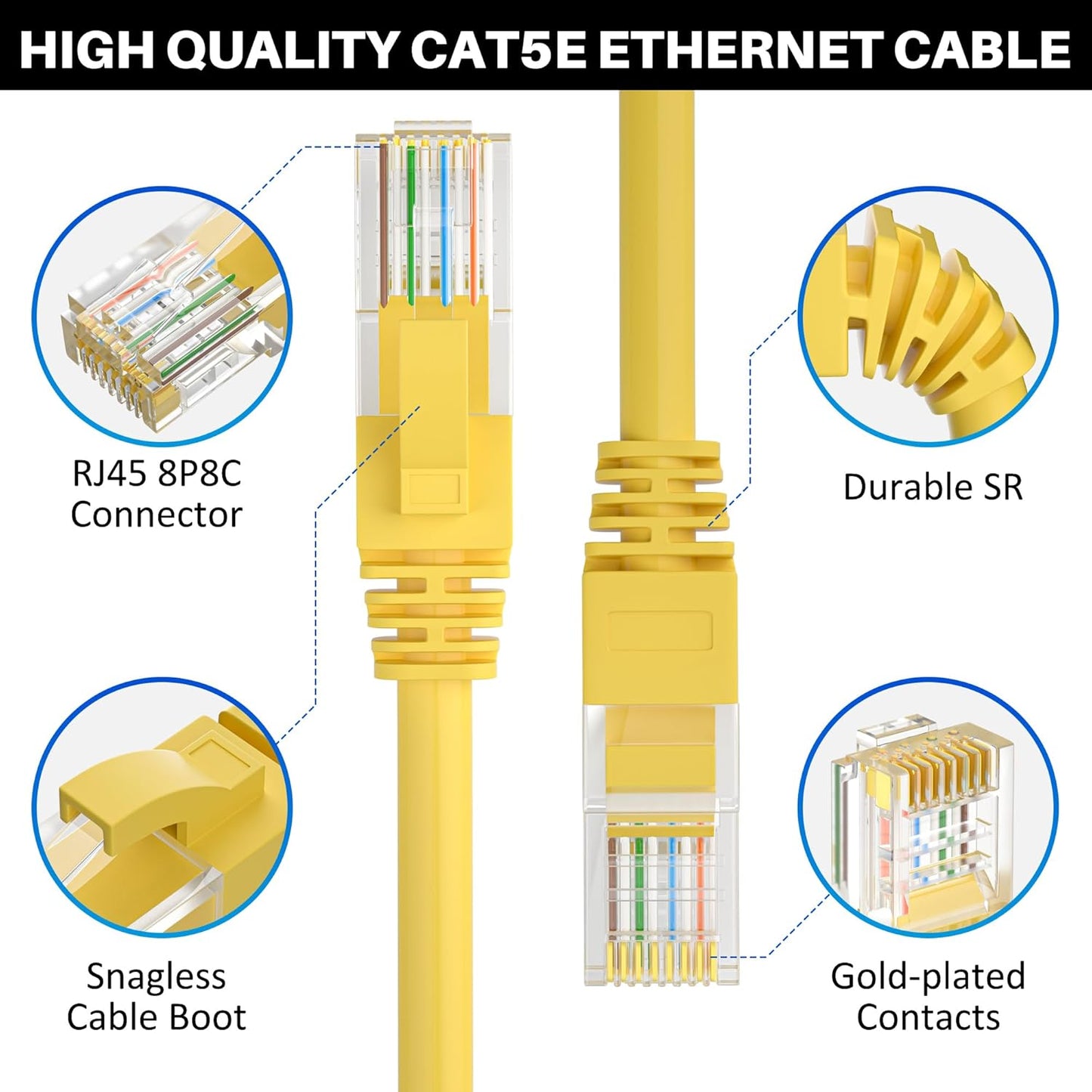 Cat5e Ethernet Cable 75 FT, Long Cat 5e Internet Cable, Yellow Snagless Patch Cord, Flexible, Network, LAN, PoE, Standard RJ45 Connector for PC, Server, Router, Modem, TV, PS5 - with 15 Cable Ties