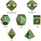 Metal Dice Set D&D, DNDND 7 Die Green DND Dice with Metal Case for Dungeons and Dragons Role Playing Game and Tabletop Games (Gold Number with Enamel Green)