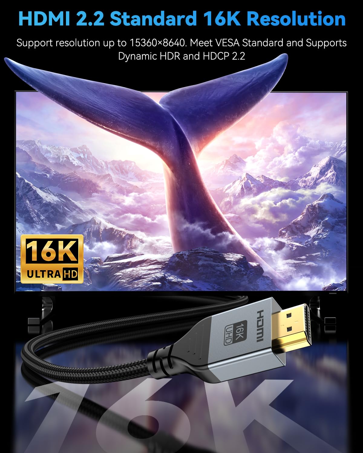16K 8K HDMI Cable 96Gbps 3.3 FT, Ultra High Speed HDMI 2.2 Cable 16K@60Hz 8K@120Hz 4K@480Hz HDCP 2.2&2.3, Dynamic HDR, eARC,DTS:X, Compatible with Roku TV/HDTV/PS5/Blu-ray/Projector