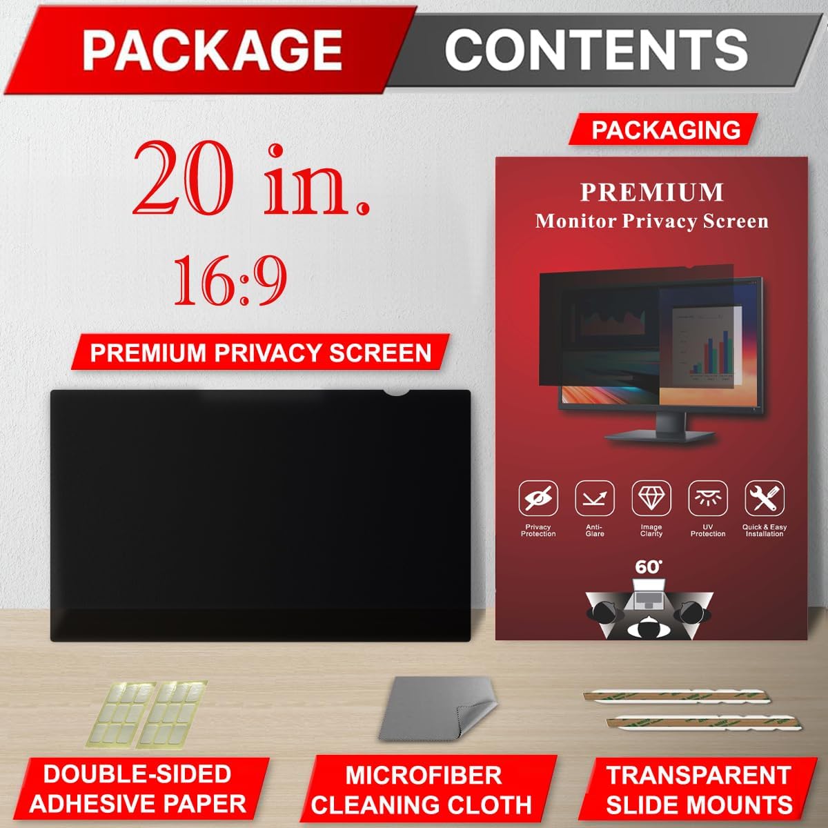 20 Inch Privacy Screen Filter for Widescreen 16:9 Monitor | Privacy Shield | Anti-Glare | Anti-Blue light Protector | Eye Protection | Computer Security Private Filter