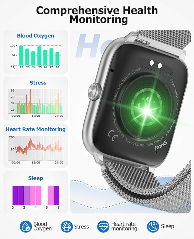 2.06" AMOLED Smart Watch with Blood Pressure, 118 Sports Modes, Fitness Activity Tracker for Men Women, Heart Rate Sleep SpO2 and Stress Monitor, IP68 Waterproof, Ideal Gift, Android iPhone Compatible