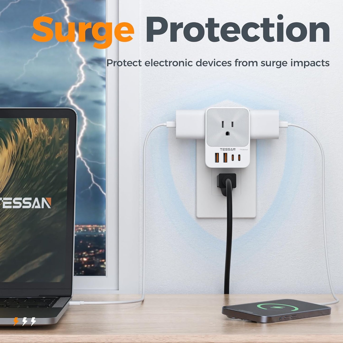 USB C Charger Block 20W PD, TESSAN 4 USB Wall Charger Fast Charging with 3 Outlet Extender Surge Protector, 3 Side Multi Port Adapter, Electric Multiple Outlet Plug for Home Office Dorm Room