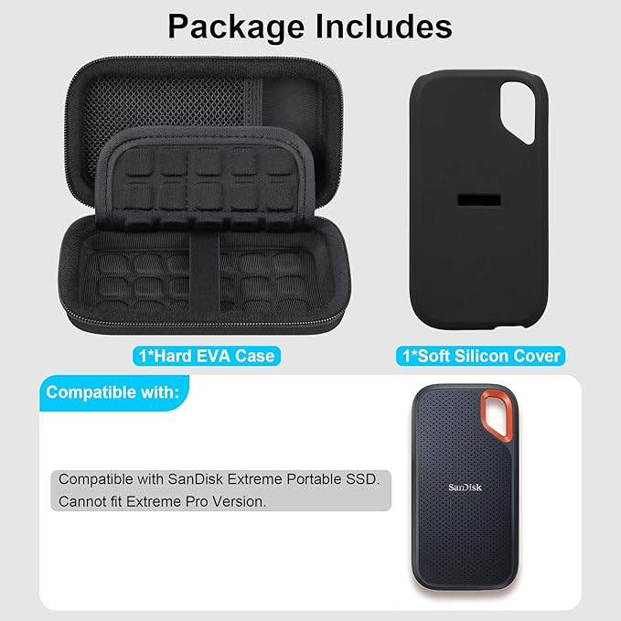 Lacdo Carrying Case for SanDisk Extreme Portable SSD, Hard EVA Case + Soft Silicone Case Protective Cover for SanDisk Extreme External Solid State Drive 500GB 1TB 2TB 4TB 8TB SanDisk SSD Case, Black
