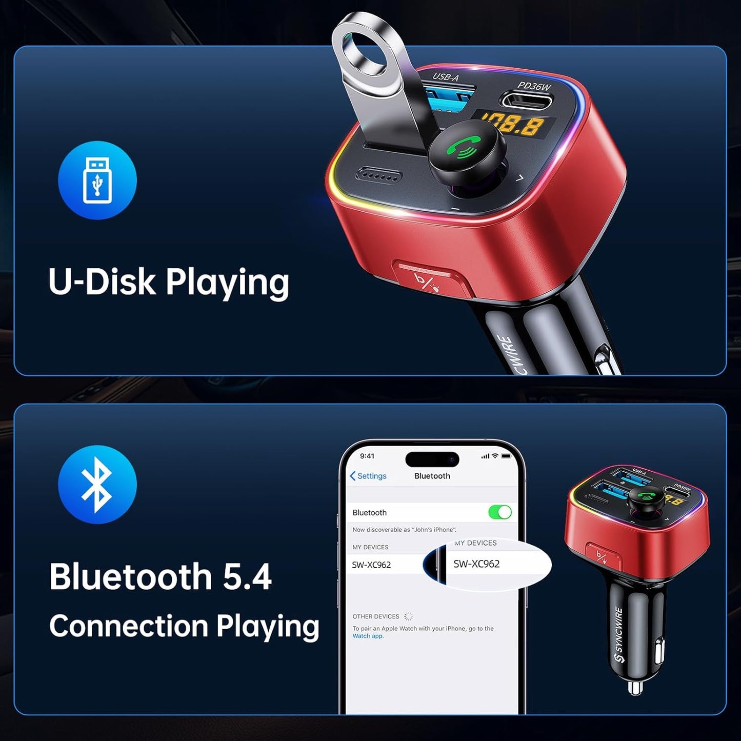 Syncwire Bluetooth 5.4 FM Transmitter Car Adapter 48W (PD 36W & 12W) [Light Switch] [Hi-Fi Deep Bass] [Fast Charge] Wireless Radio Music Adapter LED Display Hands-Free Calling Support USB Drive, Red