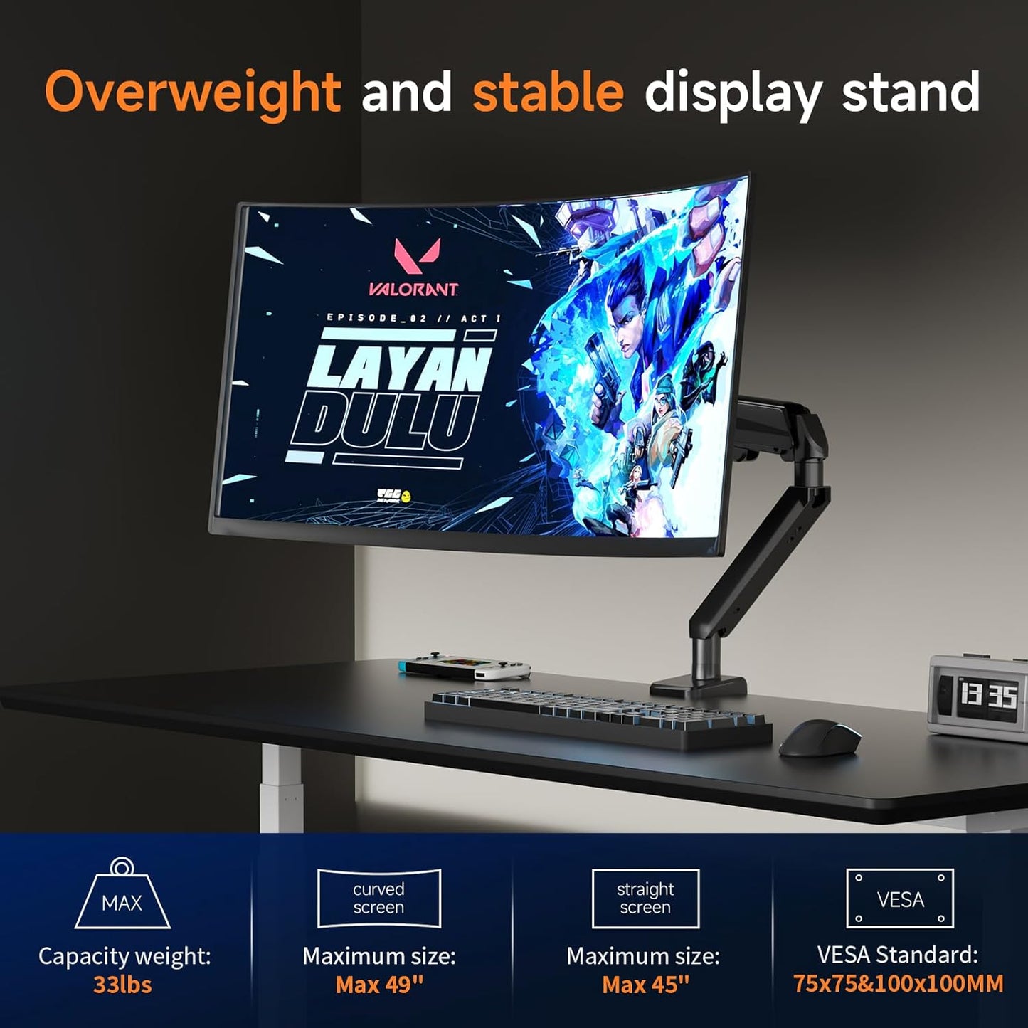 Pholiten Adjustable Rotating arm for Monitor Stand - Supports 1-33lbs Weight, Supports 45 inch Straight screen/49 inch Curved Screen, Compatible with VESA 75x75-100x100mm Desktop Monitor Mount