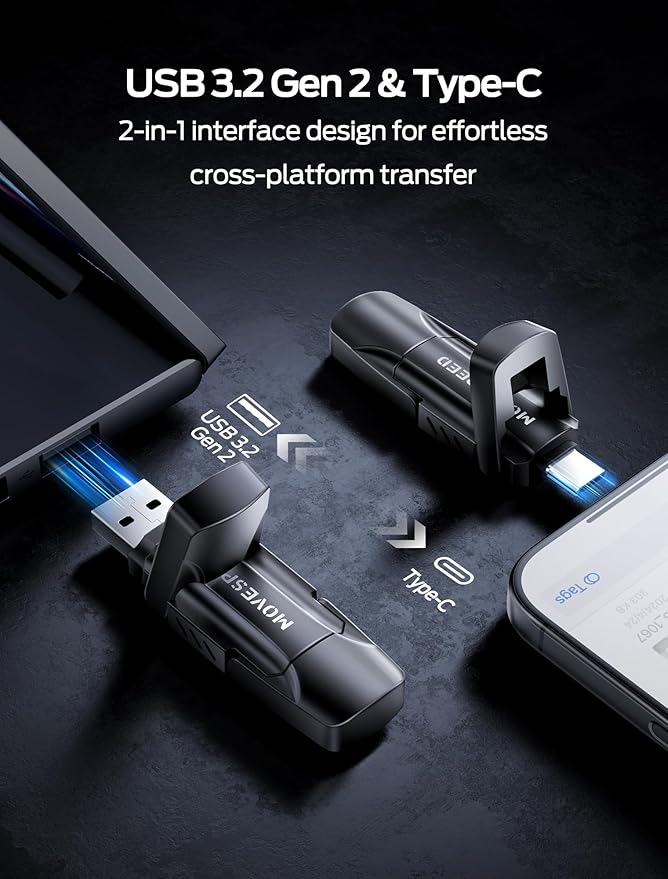 MOVE SPEED 1TB USB Drive, 570MB/S Read Speed External SSD with Dual Port Type C + USB 3.2 Portable SSD for iPhone 17/16/15 Series, Android, Mac, Windows