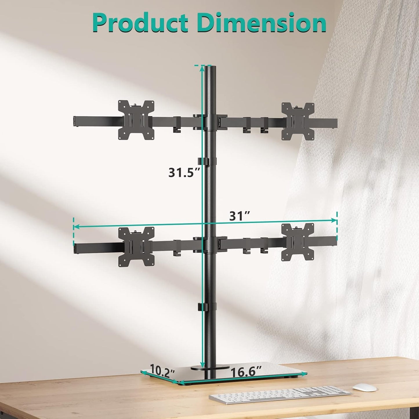 WALI Freestanding Quad Monitor Mount for 17-27 Inch Screens, Fully Adjustable 4 Monitor Stand with Swivel, Tilt, Rotation, Glass Base, Max Load 22 lbs per Arm (GMF004), Black