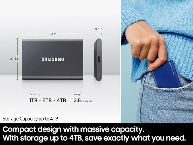 Samsung T7 Portable SSD, 2TB External Solid State Drive, Speeds Up to 1,050MB/s, USB 3.2 Gen 2, Reliable Storage for Gaming, Students, Professionals, MU-PC2T0T/AM, Gray