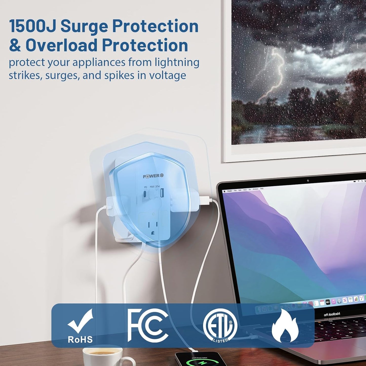 20W PD Fast Charging Wall Outlet with USB Ports (3C1A), Electrical Outlet Extender with Night Light, Surge Protector, Wall Plug Adapter for Multiple Devices, Wall Socket Expander