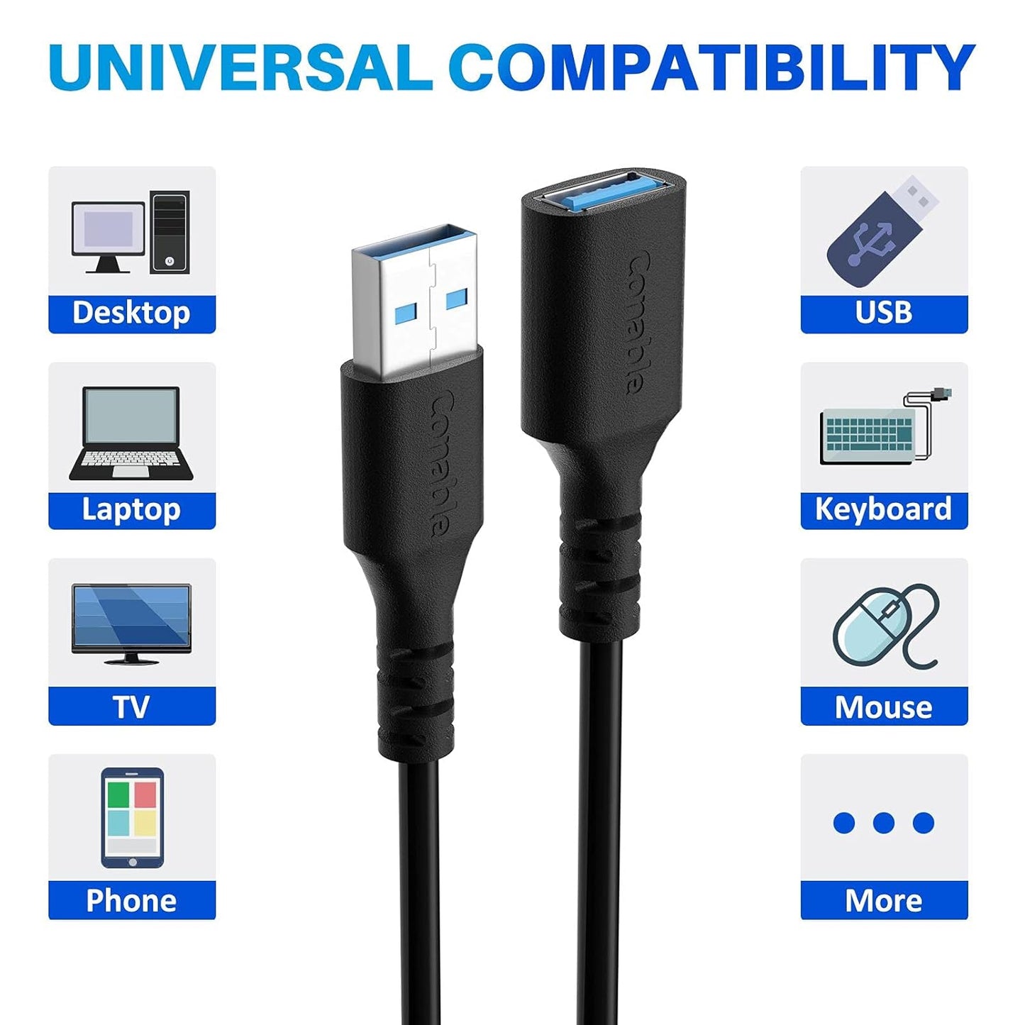 3 Pack USB 3.0 Extension Cable 6 Feet, USB A Male to Female Extender Cord, 5Gbps Data Transfer for Webcam, Printer, Keyboard, Mouse, Flash Drive, Hard Drive, Controller, Black Cable with 5 Cable Ties