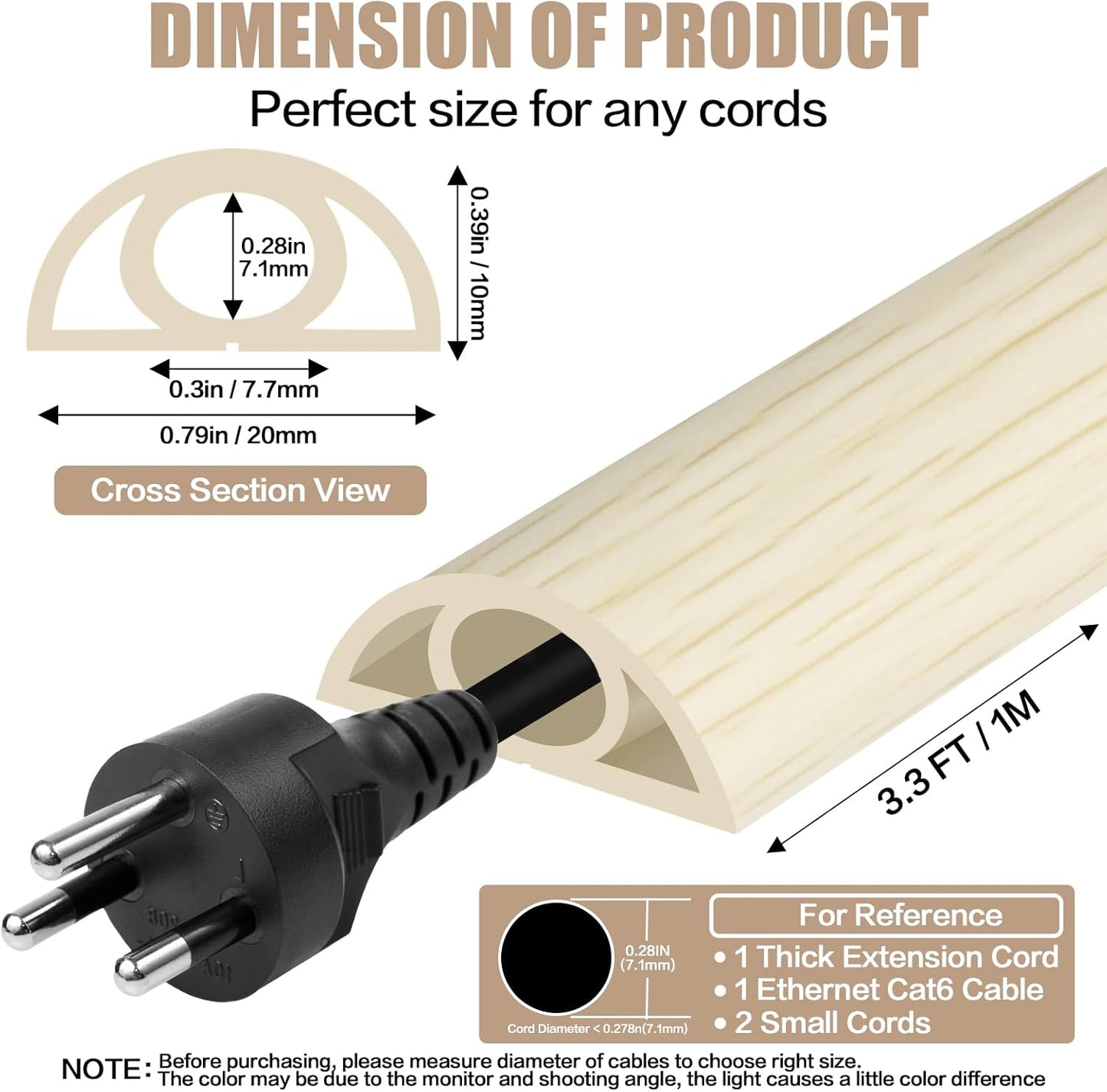 Floor Cord Cover Self Adhesive Cord Hider,3.3FT Cable Management, Extension Strip Protector for Wires, Prevent Cable Trips for Offices, Gyms, Exhibitions Cavity:0.3"(W) x 0.28"(H) Yellow Wood