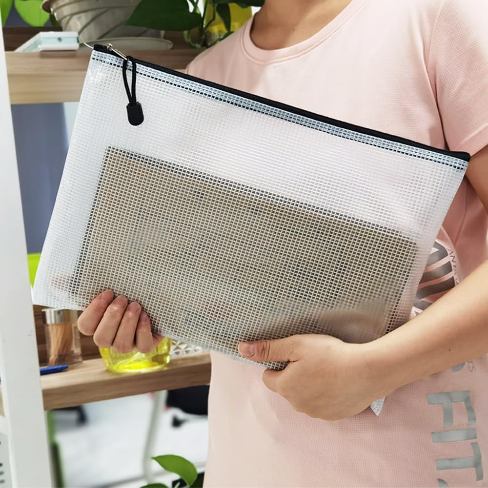 AUSTARK 10 Pcs Zipper File Bags, Waterproof Plastic Mesh Pouch for Office School, Board Game Storage Bags (A4 Size 13.4''x9.4'', White and Black)
