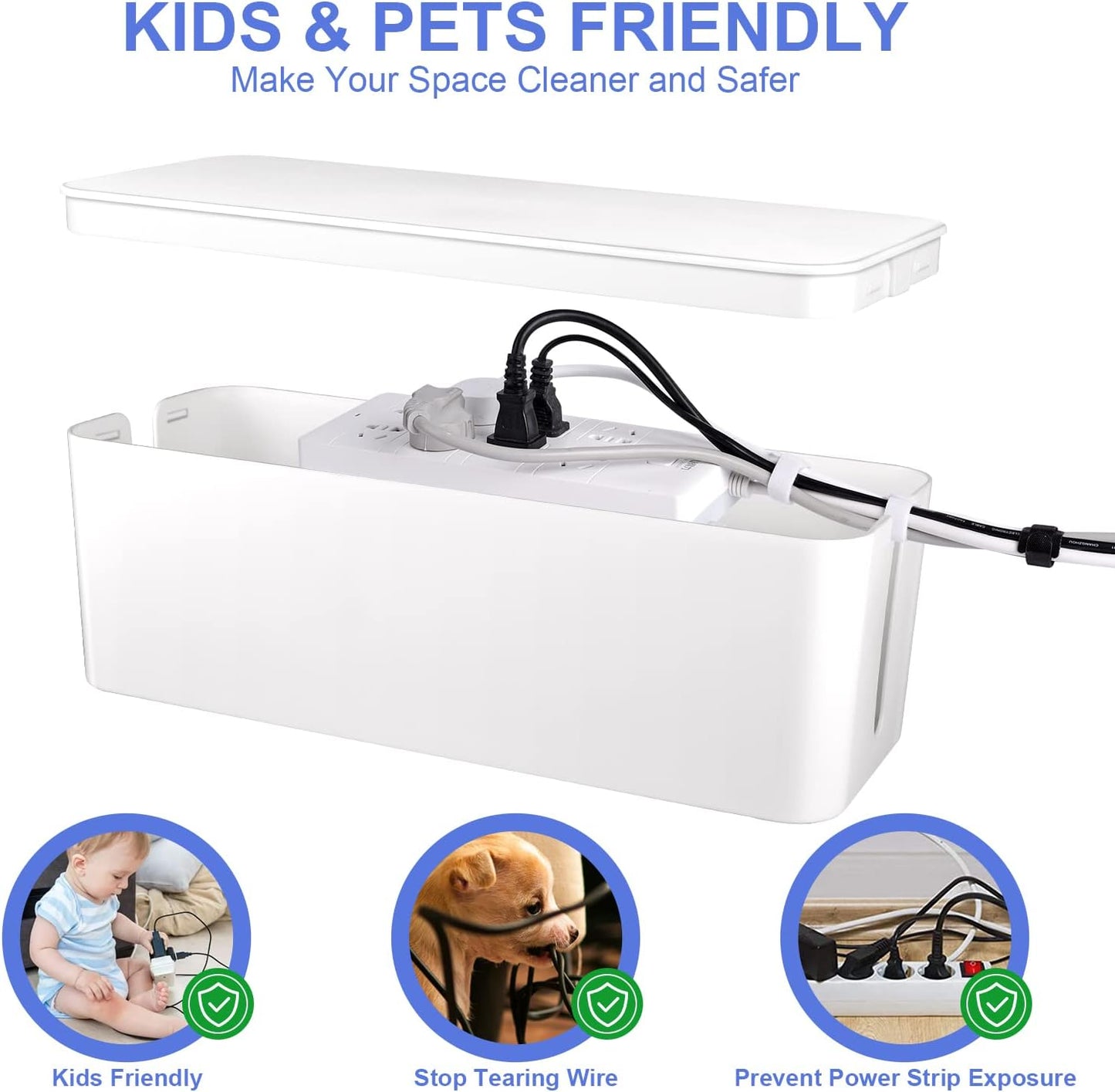 Cable Organizer Box Set of Three, Power Cover Cord Holder Surge Protector for Desk (White)