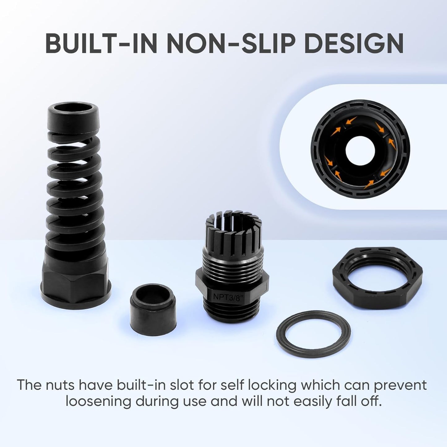 Strain Relief Cord Connector,LISTENJIALE 10Pcs NPT 3/8" Waterproof Cable Gland Flex Spiral Strain Relief Adjustable 5-10mm Cable Connector Nylon Joint with Gaskets(Black)