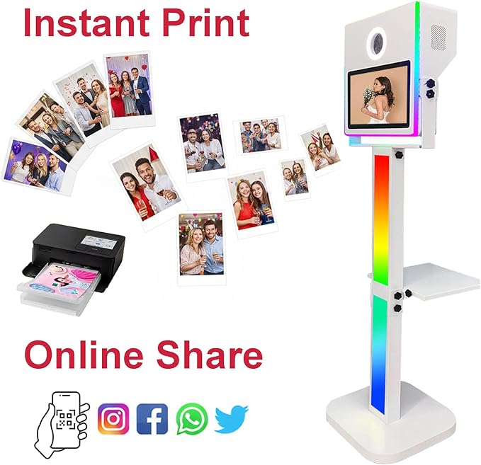 Photo Booth with Printer, Portable Selfie Photobooth Machine 15.6-in Mirror Touch Screen for Events Wedding Birthday School Party Rental RGB Lights Stand (Black Color+ Printer No Camera)