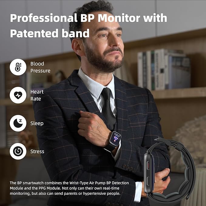 BP Doctor Smart Watch Blood Pressure, 1.95" Smart Watch Monitor with Air Pump Cuff, Blood Pressure Watch with Sleep Heart Rate Monitor, Pedometer, BP Watch Supports Data Sharing, Reminder Monitoring