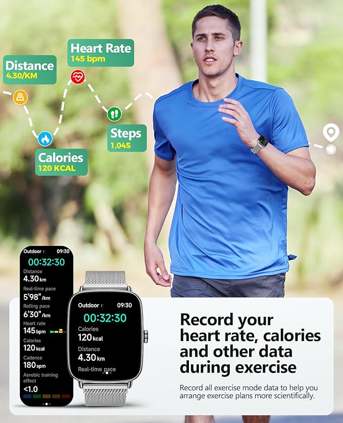SOUYIE Smart Watch for Women Men, 1.85" AI Voice Smartwatch, 24/7 Heart Rate Monitor, Stress/SpO2/Sleep Tracker, IP68 Waterproof, Weather, 100+ Sports Fitness Tracker for Android iOS Silver Metal