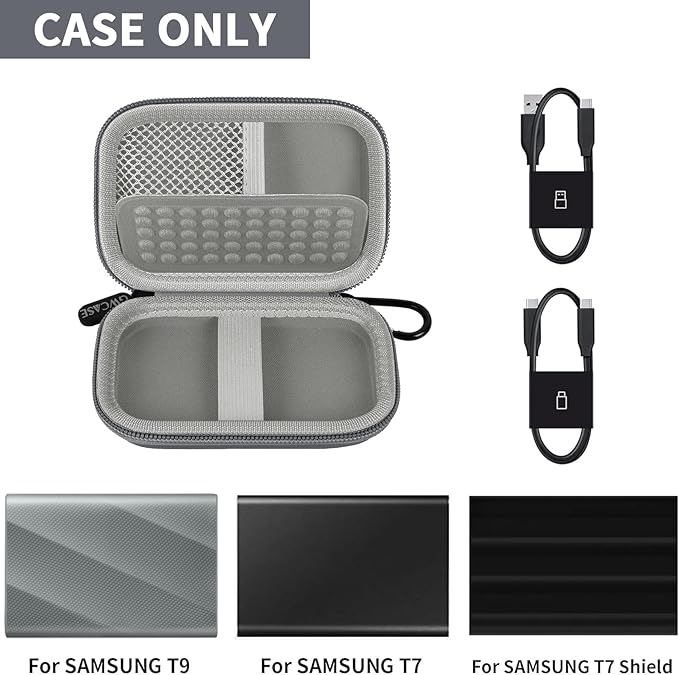 Case Compatible with Samsung T9/ T7/ T7 Shield Portable SSD 1TB 2TB 4TB External Hard Drive, Storage Travel Carrying Holder Organizer for Solid State Drives & USB Cable (Box Only)-Grey